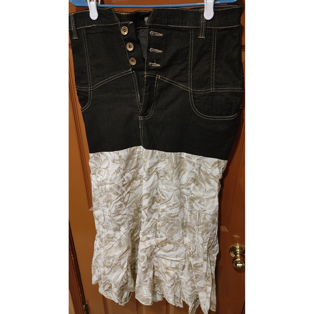 NoFuze Maxi Skirt Womens 14 Blue White Excellent Denim Mixed Media Floral Boho - Picture 7 of 7